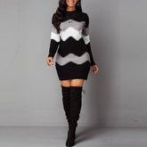 Women Autumn Elegant O-Neck Wave Striped Mini Dress InsStreet
